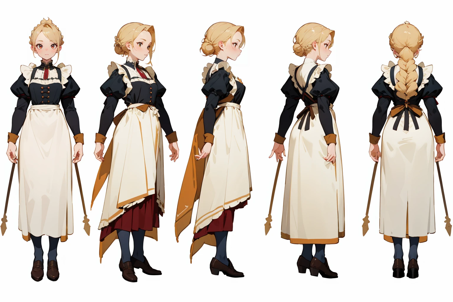 highres, masterpiece,
multi-view, turnaround, model sheet,  character design,
white background, simple background,
full body character turnaround of 1girl, Multiple views of the same character in the same outfit,
medieval,
blonde hair, braided bun, victorian dress, long sleeves, apron, maroon dress, white apron, button details, black shoes, historical attire, traditional clothing, adult, period costume, elegant dress, detailed illustration, classic style, full-length dress,
<lora:CharTurnRetag_v4:0.1>
<lora:Witcher3turn_v1:0.1>
<lora:Medieval2turn_v1:0.6>
<lora:bg3Turn_v1:0.1>