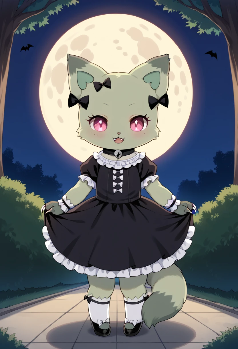 score_9, score_8_up, score_7_up, source_e621, Vampire_Emma, rating_safe, 1girl, solo, looking at viewer, smile, open mouth, bow (4 pcs), animal ears, tail, full body, hair bow (4 pcs), no humans, black bow, :3, cat, furry, furry female, pink eyes, fluffy tail, glowing eyes, fluffy, claws, no hair, green fur, park, moonlight, full moon, bloody moon, vampire dress, glowing eyes, darkness