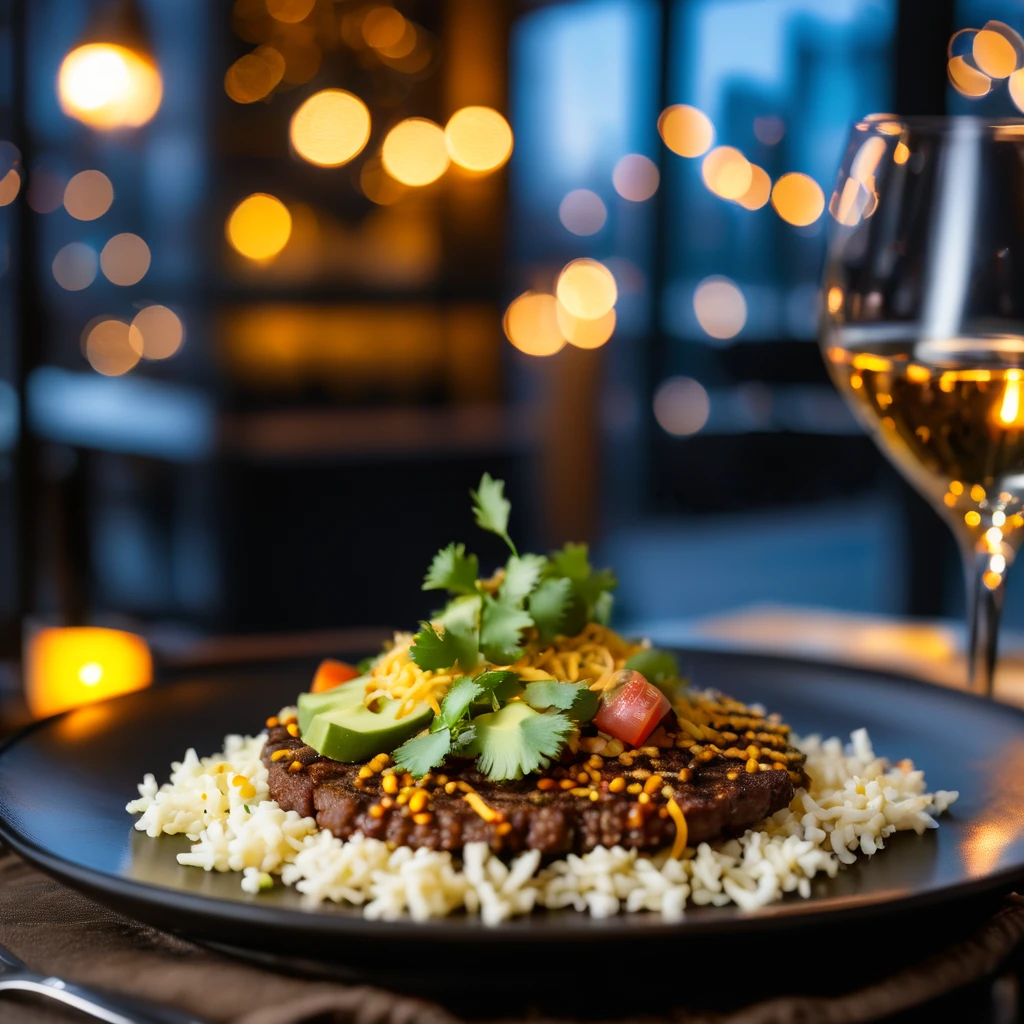 five star mexican fusion cuisine plated for dinner in the evening in a dark ambient and very romantic setting from an upwards angle with bokeh and f1.4






