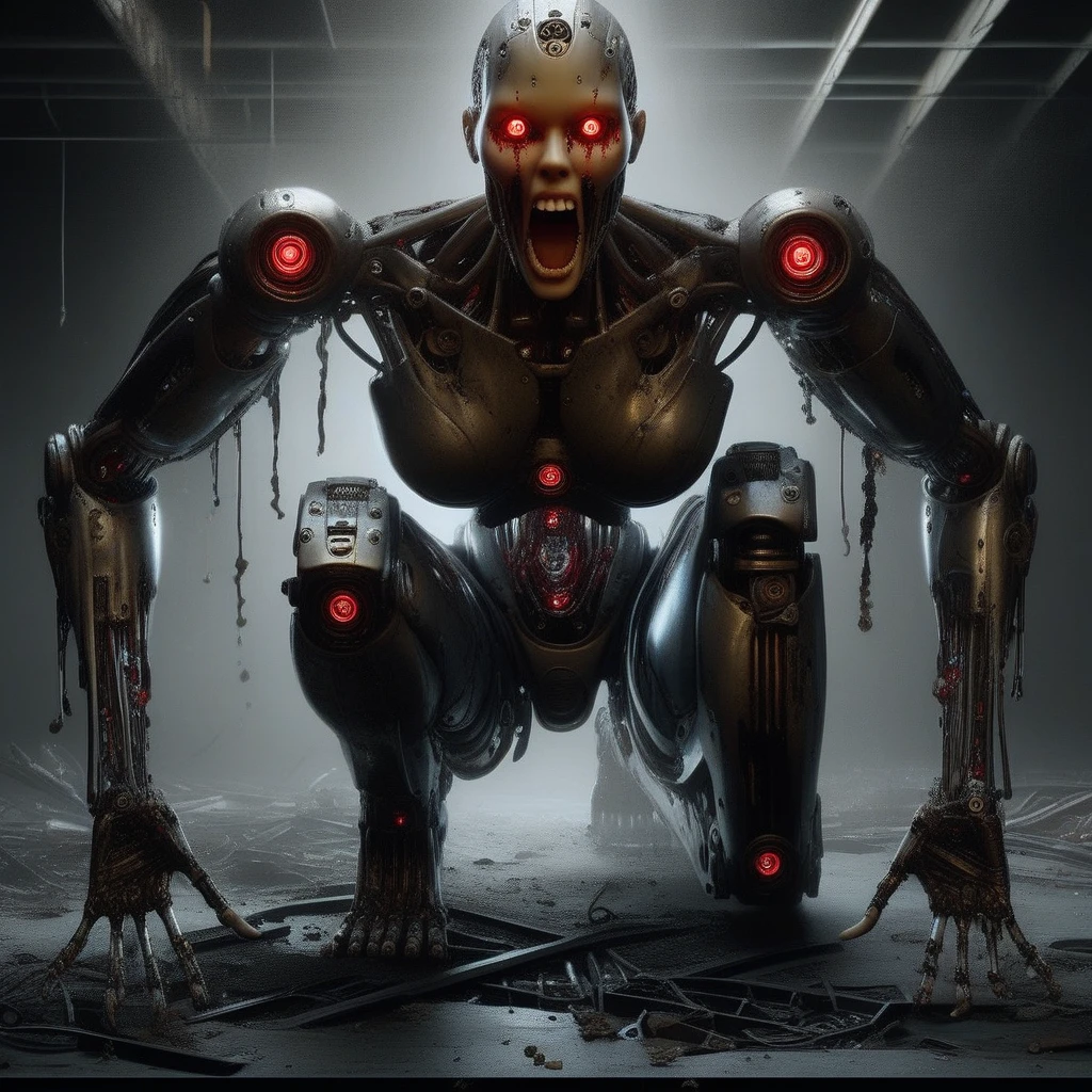 humanoid robot, 1girl, exhibiting complex robot joints, oil and grease visibly dripping from joints and crevices, full body depiction, covered in intricate mechanical parts, no humans present, ultra-realistic detailing, portrayed as a solo figure, bald head with glowing red eyes looking upwards, defined nose, mouth wide open revealing sharp teeth, facial expression conveying a scream, mechanical chest with visible breasts, central glowing core emitting a bright light, equipped with ten mechanical arms extending from the back, each arm ending in detailed open hands with mechanical fingers, mechanical legs bent on knees, mechanical feet exposed, barefoot, surrounded by scattered debris, dimly lit industrial environment, high contrast lighting highlighting the glow from the core and eyes, adding a sense of tension and drama