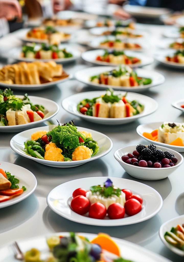 A creative, realistic photograph of lunch meal at a conference captured by a camera using a 14mm lens shot on film for a page about catering services for a catering brochure








