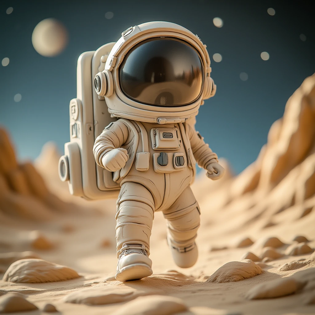 Juaner_clay,
A fearless astronaut, with a reflective visor and sleek spacesuit, bounding across the rocky surface of an alien planet against a backdrop of distant nebulae.