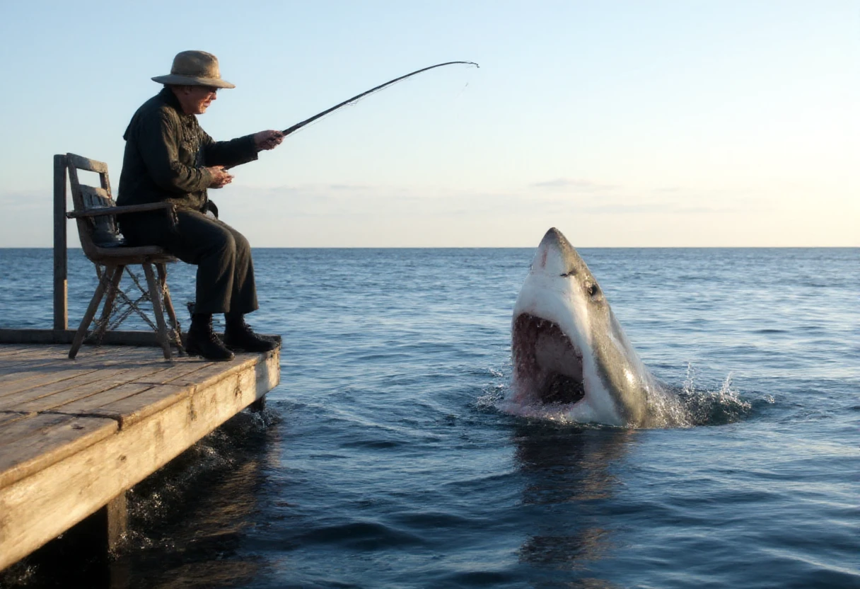 A captivating scene of an old man fishing, sitting calmly on the edge of a small wooden pier. The man, with a weathered face and a wide-brimmed hat, is holding a fishing rod, patiently waiting for a catch. Just below him in the water, a huge great white shark has surfaced, its massive head emerging from the water as it stares intently at the man. The water is calm, reflecting the clear sky, with gentle ripples around the shark. The setting is peaceful yet tense, with the contrast between the serene fisherman and the lurking predator. Natural lighting, low angle shot, tranquil atmosphere, subtle tension, detailed expressions
