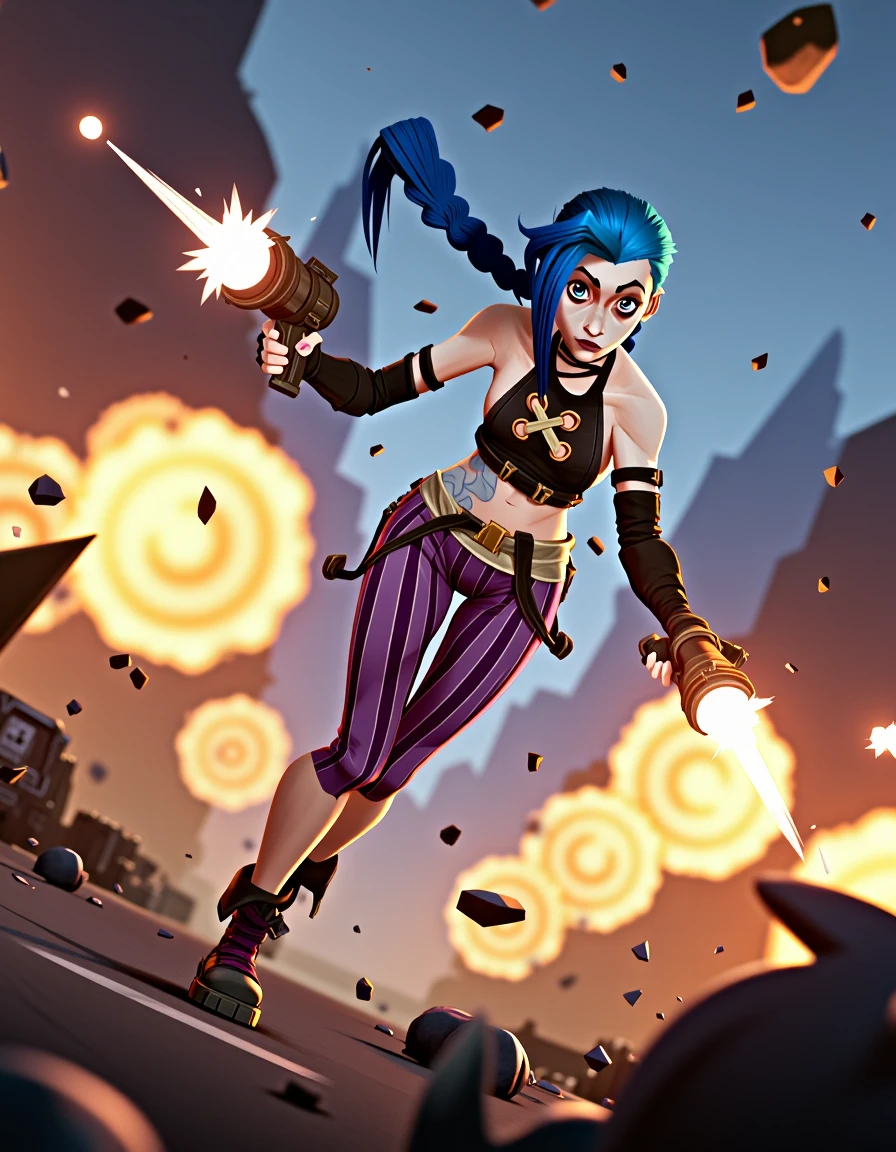 An action shot of Jinx from Arcane running through a chaotic battlefield. Her blue hair flies behind her as she fires her Pow-Pow minigun, her eyes wide with excitement. The scene is lit by explosions and flashes of light, with debris flying in the air. Arcane style animation, dark and moody image, blue hair, braids, striped shorts, boots, tattoos, wild eyes, Pow-Pow minigun, chaotic
<lora:Jinx_Character_for_Flux.1_Dev:1.6>