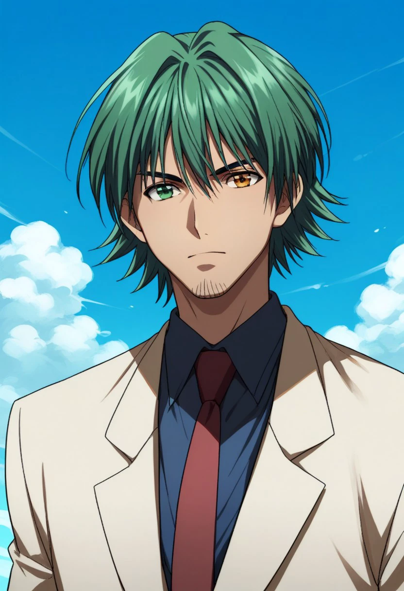 score_9, score_8_up, score_7_up, source_anime, highly detailed, 
sven, 1boy, male focus, solo, necktie, facial hair, suit, formal, stubble, sky, day, green hair,
heterochromia, brown eyes, green eyes,