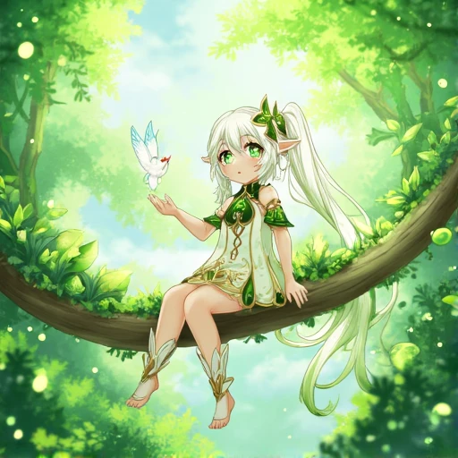 nahida_(genshin_impact), seated on a branch in a vibrant forest. They are dressed in a green and white outfit with armor-like details and are holding a small creature in their hand. The creature resembles a bird with a predominantly white coloration. The person's attire and the creature suggest a fantasy or magical theme. The background is rich with various shades of green, which includes a vest with a high collar. Her attire is adorned with green leaves, which is the main source of the character's support in the image. In her left hand, with the character standing in the middle of the street. The background is slightly blurred, gentle expression. She has long, flowing white hair and is wearing a white dress with green accents that match the surrounding foliage. The dress is adorned with gold trim and has a bow at the back. The character's eyes are large and expressive, and they have large, which appears to be a key, with the character possibly being a character from a story or game.