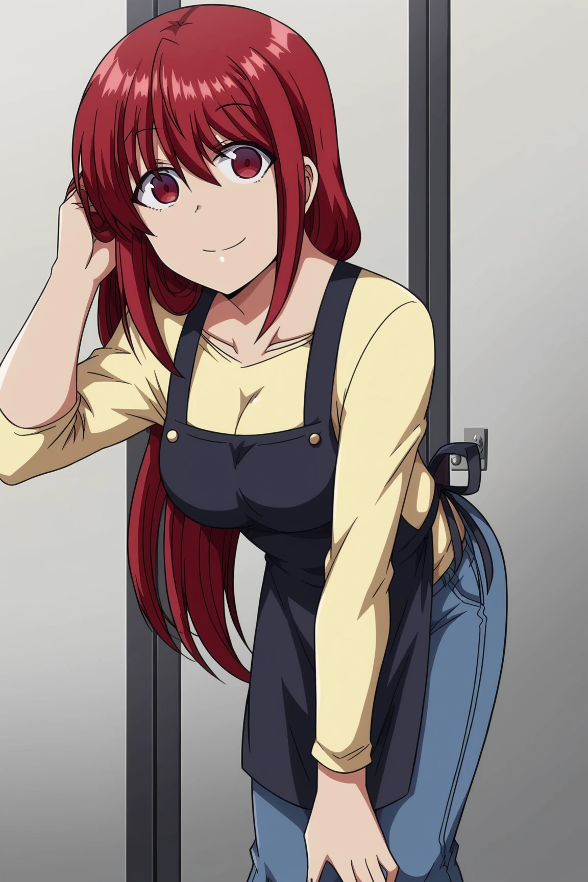 <lora:Natsumi_Obata-Saimin_Seishidou:1>,natsumi,1girl,red hair,red eyes,breasts,long hair,shirt,denim,apron,bent over,hand on own knee,adjusting hair,smile,looking at viewer,entrance,