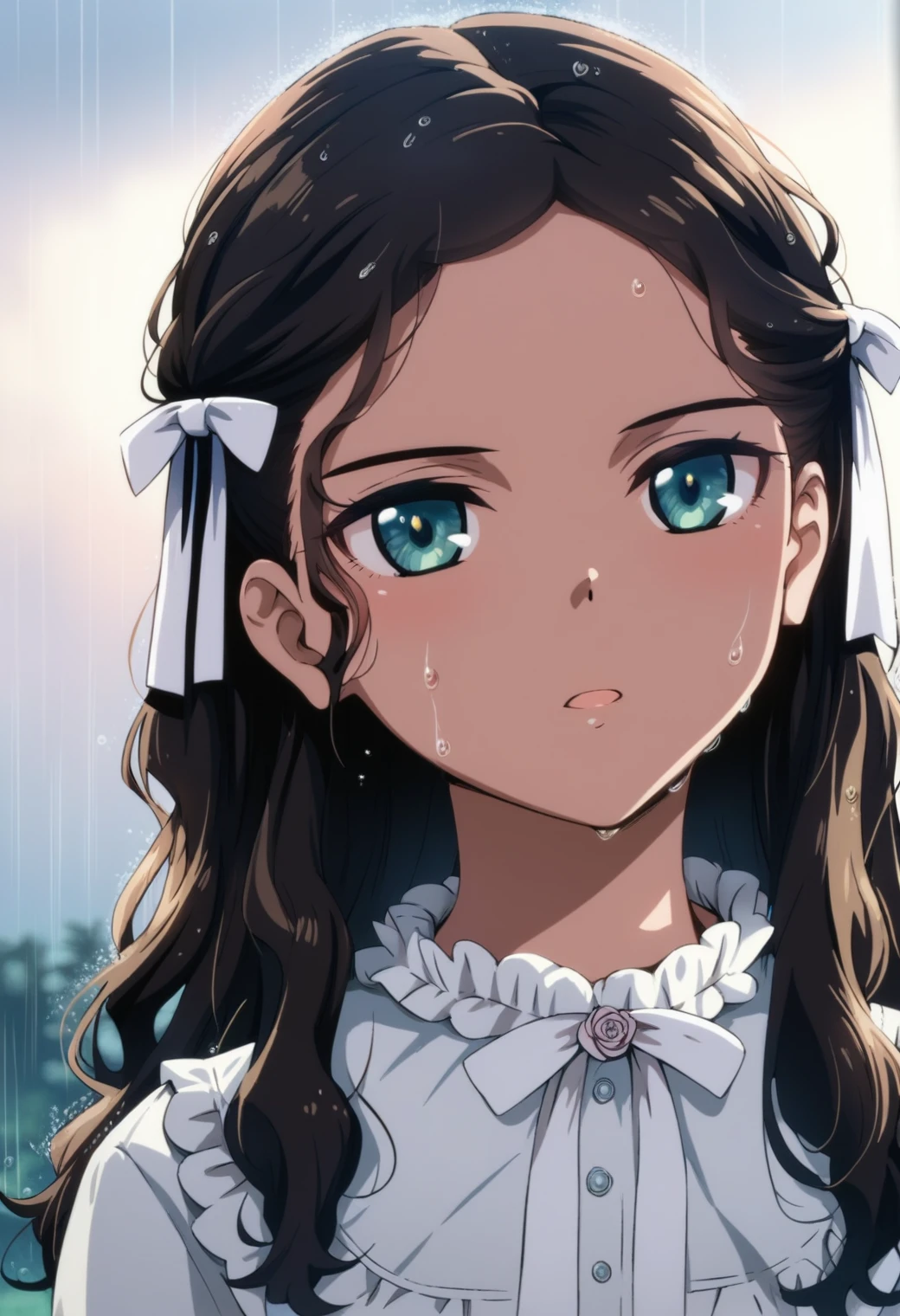 <lora:aonuma_neiru_ponyxl_lora_v1:1>, aonuma neiru, alternate hairstyle, wavy hair, hair ribbon, white ribbon, rain, grey sky, parted lips, close-up, frilled collar, white collar,
score_9, score_8_up, score_7_up, score_6_up, anime, (hara \(harayutaka\):0.5), (m-da s-tarou, asou \(asabu202\):0.5), high quality, detailed, beautiful, shiny, outstanding, countershading, detailed soft lighting