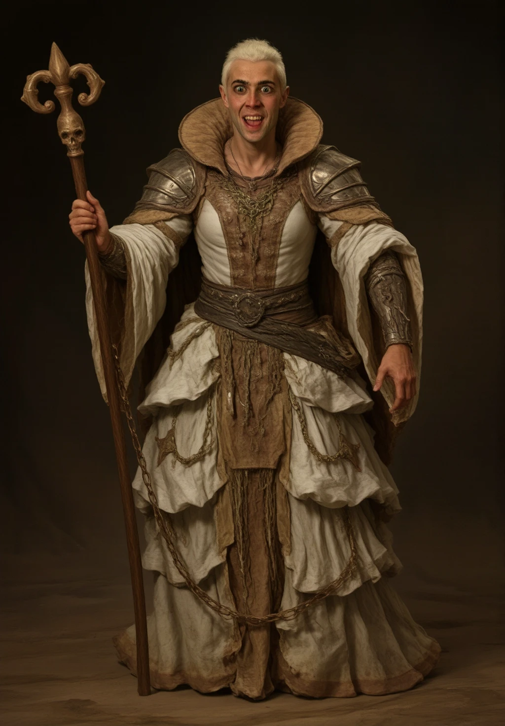 mythp0rt, fantasy painting of an evil male lich in an opulent but worn out white baroque dress with tan and brown accents and a crinoline. an undead skeleton necromancer holding a magic scepter. A grimoire hangs chained to his leather belt. evil laughter. he's wearing a , jewelry, metal pauldrons. skeleton hands. cel shading, dark fantasy, full length portrait, ancient, weathered, worn out clothing, dusty, dirty, rugged, dark background 