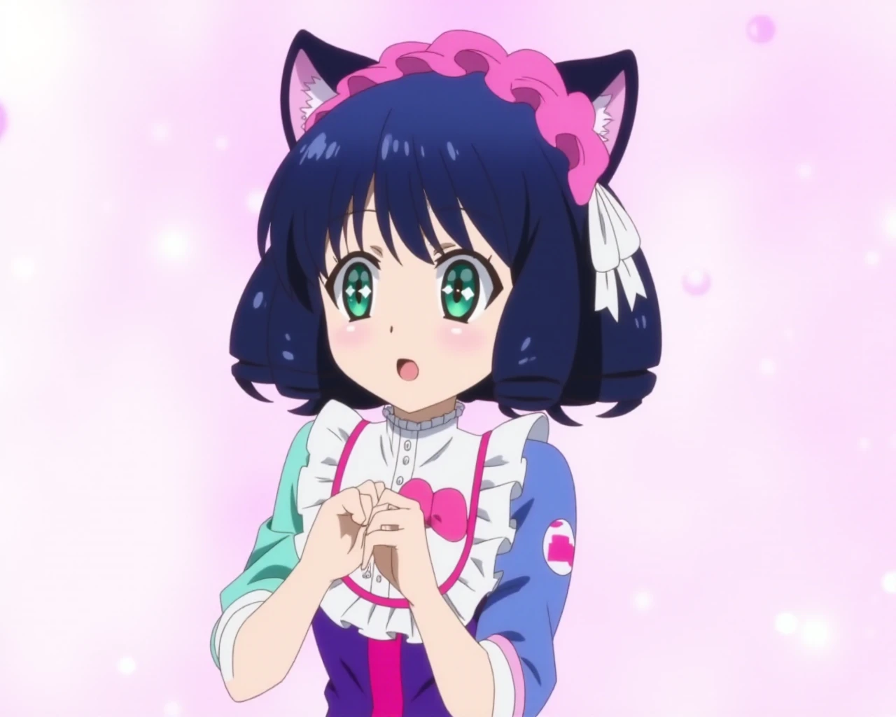 Anime art, exited c14n girl with dark blue hair and green eyes with pink and a pink bow on her head. She has a cheerful expression on her face, and her hair is tied up in a ponytail. She is wearing a colourful dress with a white collar and a white bow in her hair. ,<lora:c14n:1>