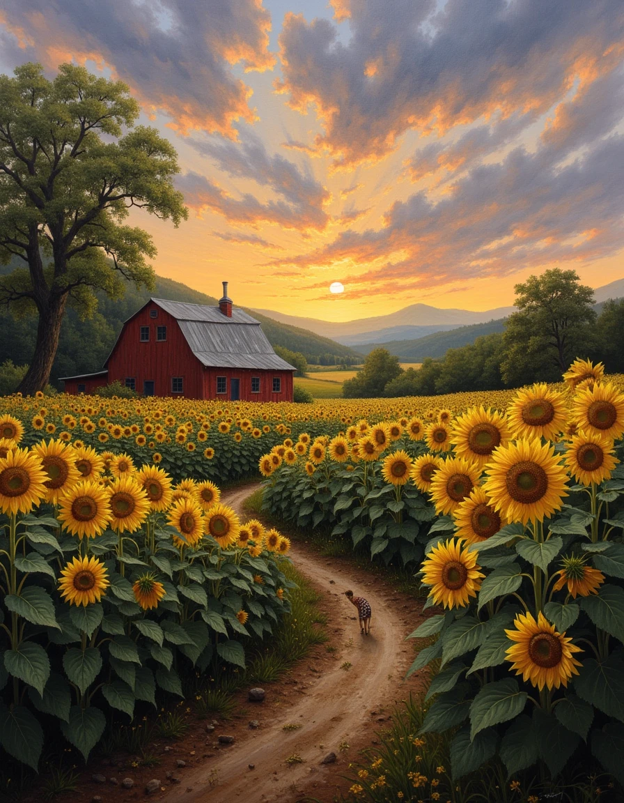 An atmospheric painting of a a sunflower farm