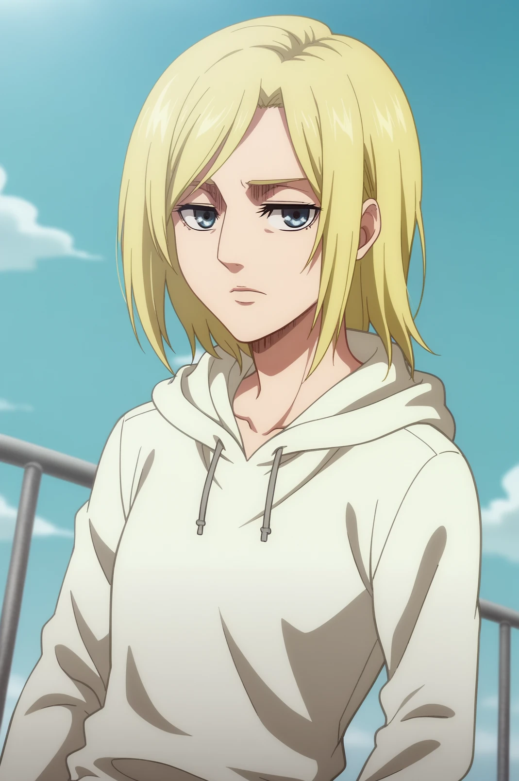 annie leonhart,anime screencap,1girl,solo,mature,short hair,hood,hoodie,looking at viewer,emotionless,sky,white hoodie,dutch angle <lora:Adult Annie - PDXL2.safetensors:0.8>