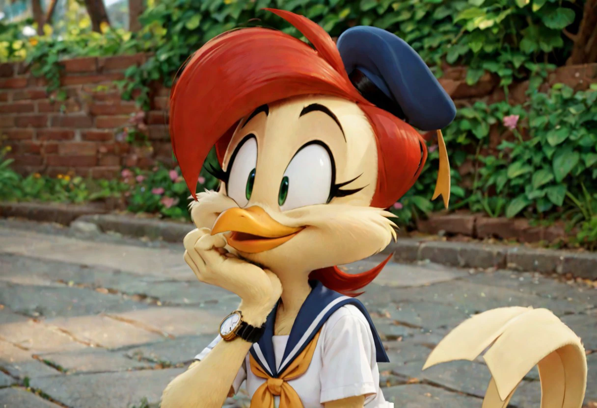 score_9, score_8_up, score_7_up, furry female, toony, 1girl, solo, hat, furry female, sailor bird, bird girl, red hair, green eyes, yellow fur, sailor uniform, neckerchief, beak, face closeup, smug, smile, watch, looking to the side, half closed eyes, outdoors