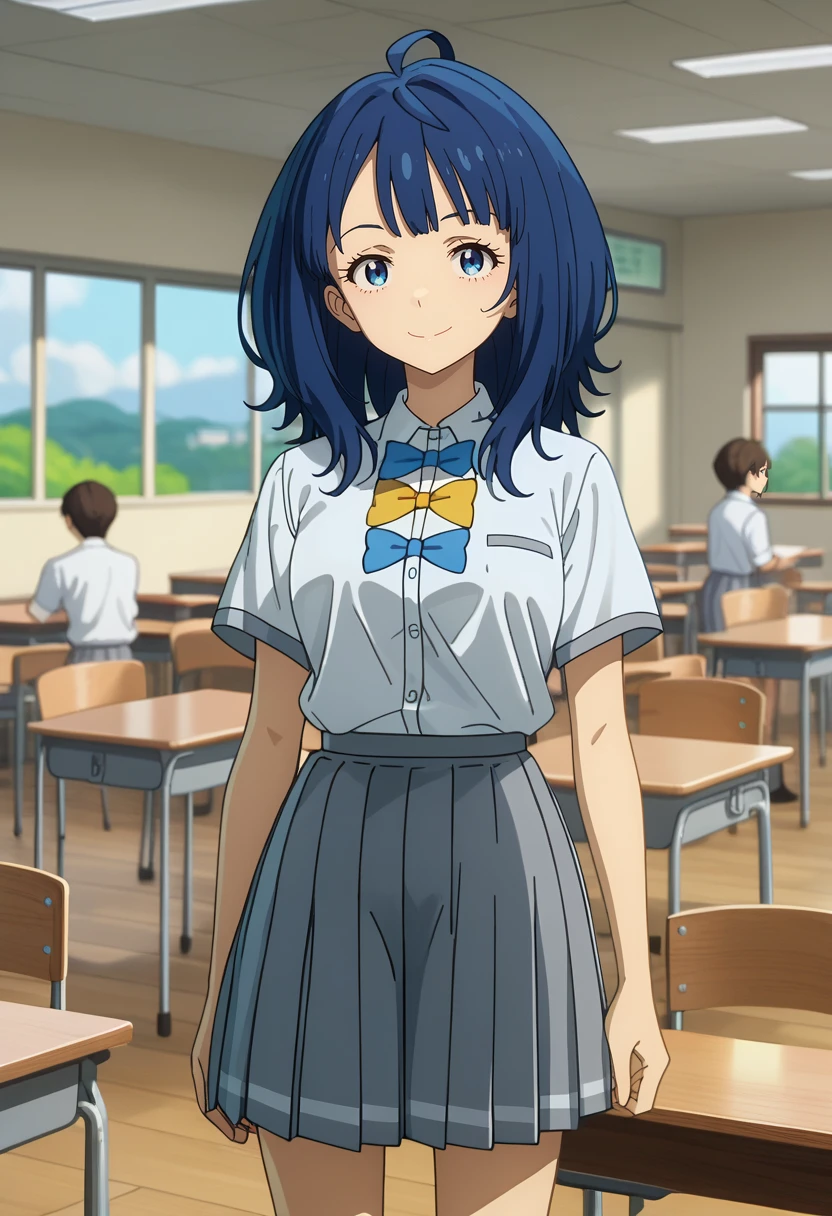 score_7_up, anime screencap,
<lora:MakeHeroinegaOosugiru_YanamiAnnaXL:0.9>,
1girl, solo, closed mouth, light smile,
medium hair, blue hair, blue eyes, ahoge,
AnnaSchool, collared shirt, white shirt, blue bowtie, yellow bowtie, short sleeves, pleated skirt, grey skirt,
standing, looking at viewer, cowboy shot, thigh gap,
blurry background, indoors, classroom