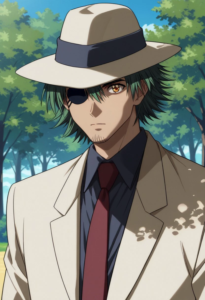 score_9, score_8_up, score_7_up, source_anime, highly detailed, 
sven, 1boy, male focus, solo, hat, necktie, facial hair, white headwear, shirt, suit, formal, upper body,brown eyes, eyepatch, green hair, jacket, outdoors, tree, white jacket, black shirt, red necktie, collared shirt, looking at viewer, day, white suit,