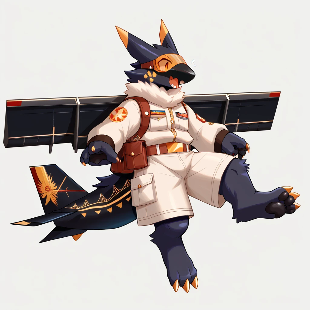 score_9, score_8_up, score_7_up, 1boy, anthro, planedragon, solo, paws, fluffy, visor, kemono, mini base pose, mini base pose 2, jet theme, military, jet, multi color fur, markings, by jinu, white background, character design,robotic, bomber plane theme, military_uniform, open mouth, black body, horns<lora:EMS-468738-EMS:1.000000>, <lora:EMS-322220-EMS:0.600000>