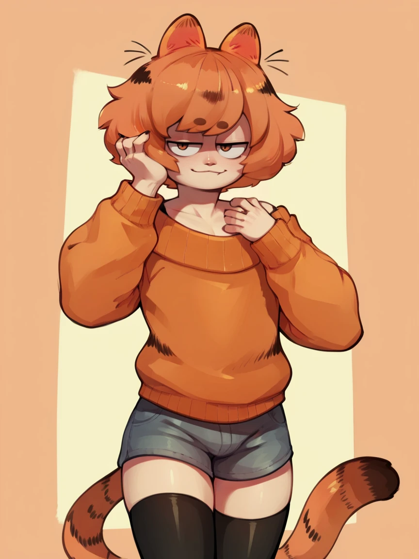 score_9, score_8_up, score_7_up, score_6_up, score_5_up,   <lora:garfieldXLP:1> garfield, animal ears, solo, 1boy, tail, sweater, orange hair, short hair, thighhighs, shorts