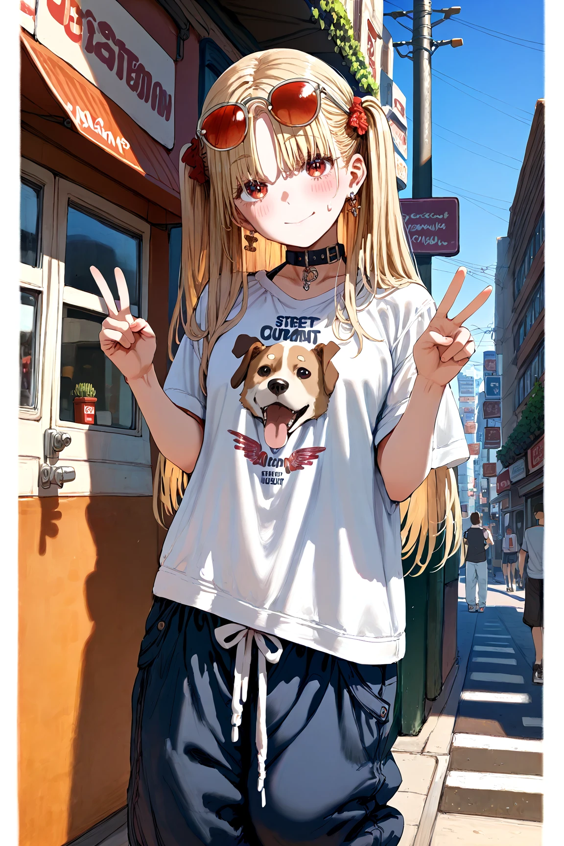 <lora:add-detail-xl:1>, score_9_up, score_8_up, score_7_up,score_6_up, <lora:Gold_can+PDXL3-000010:1> goldcan+, Street art background, dark, :D, v, peace sign, panorama, baggy t-shirt and sweatpants, sunglasses, coral hair, long hair, retriever hair, burgundy eyes