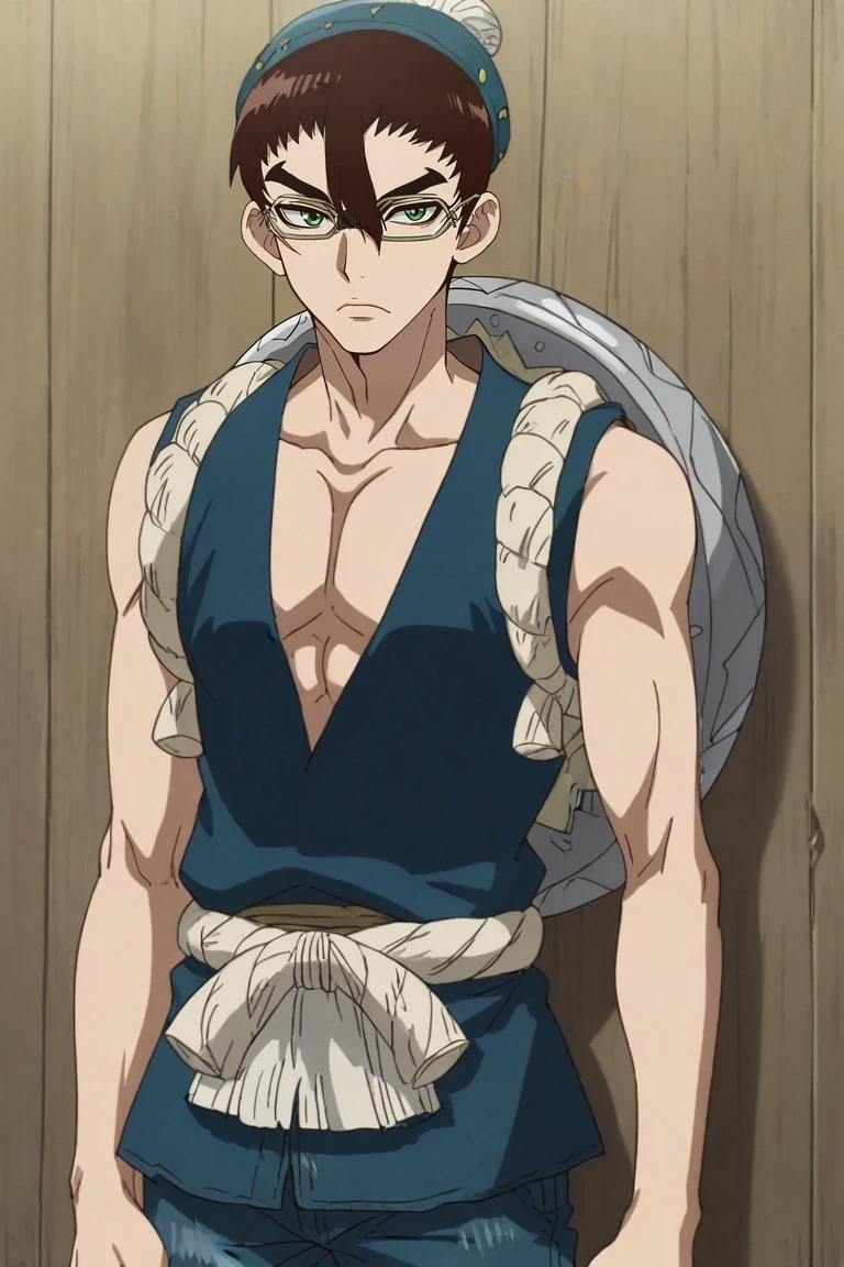 score_9, score_8_up, score_7_up, source_anime, rating_safe, intricate details, , , , 1boy, solo, male focus, <lora:kinrou_dr_stone_pony:1>, kinrou_dr_stone, brown hair, green eyes, glasses, , denim jeans, bobble hat, <lora:sdxl_lightning_8step_lora:1>