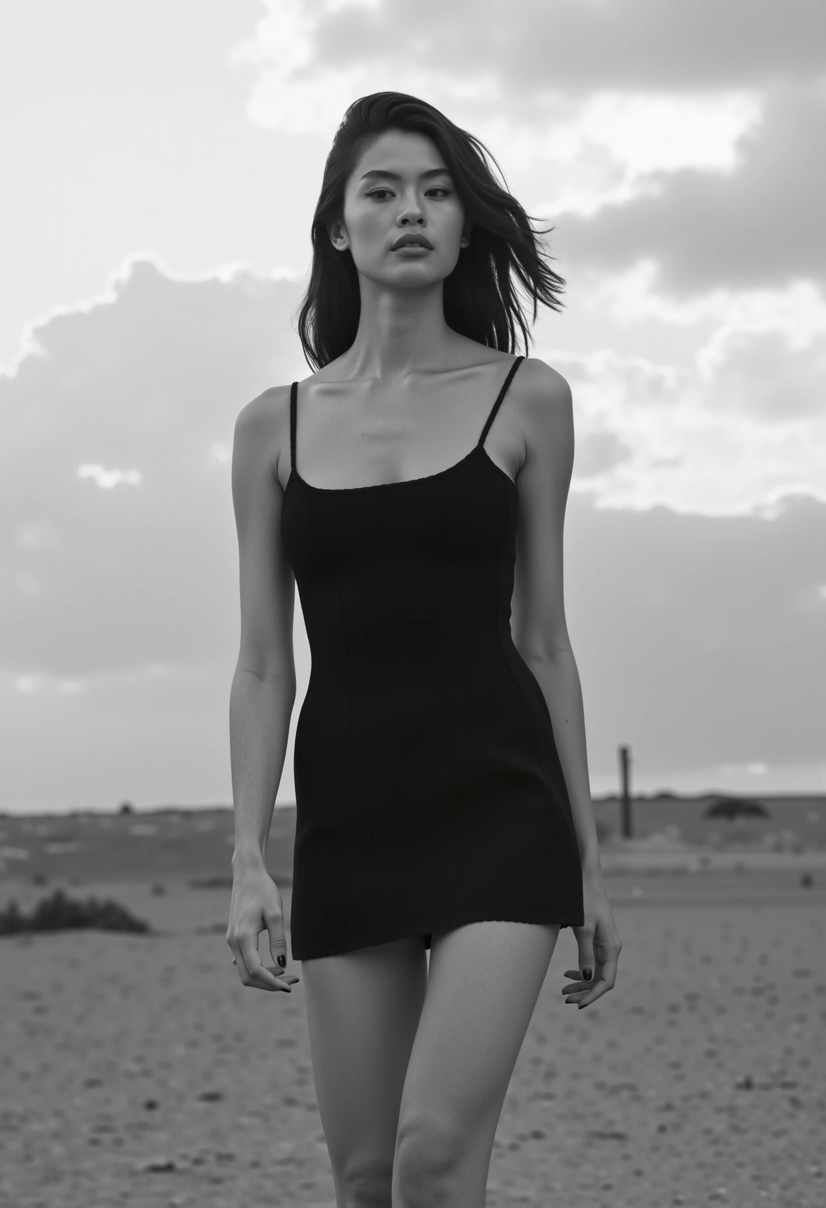  A poised woman in a black short Fleur du Mal dress is captured in an elegant black-and-white photograph as she strides confidently through a barren landscape. Her structured dress contrasts sharply with the vast, empty environment and moody sky, creating a powerful and sophisticated visual aesthetic.