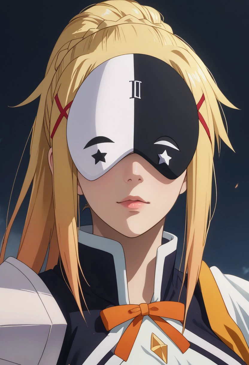 score_9, score_8_up, score_7_up, source_anime, rating_safe, darkness (konosuba), blonde_Darkness_ponytail, black-white_Vaniru_eye mask, white-black_Vanir_no pupils eyes, blue_Vanir_hair, white-black_Vanir_star (symbol), 1girl, anime screencap,