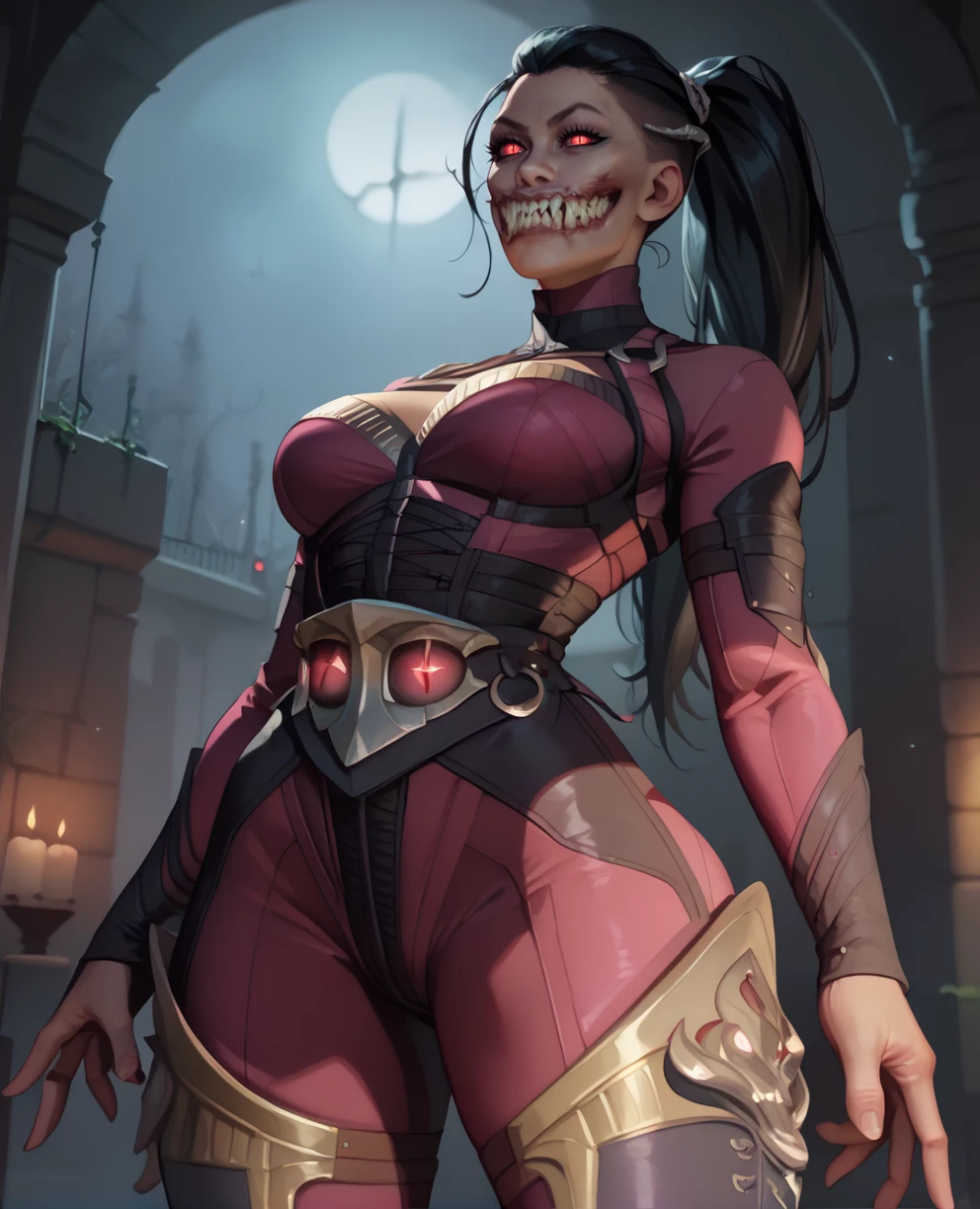 score_9,score_8_up,score_7_up,score_6_up,mileenatxl,black hair,ponytail,slit pupils,teeth,
pink bodysuit,standing,
looking at viewer,hips,
night,dungeon,
<lora:mileenaTMK1XL:0.9>,