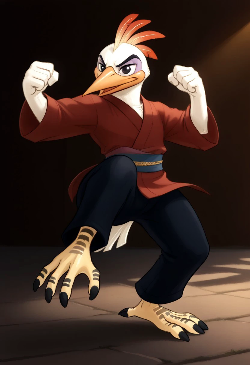 (((Barefoot furry character, full body, cinematic setting, bird boy, plantigrade)))
(((Ono))), egret anthro, black eyes, ((red kimono and black pants, training kung-fu at training ground in park, fighting stance, dynamic pose, perform side kick)), (((nice bird feet, orange and black talons)))
BREAK, intricate details, highly detailed, extreme detail, octane render, fine art, best quality, highres, (detailed face:1.5), ((full_body)), UHD, (((perfect hands))), low light
