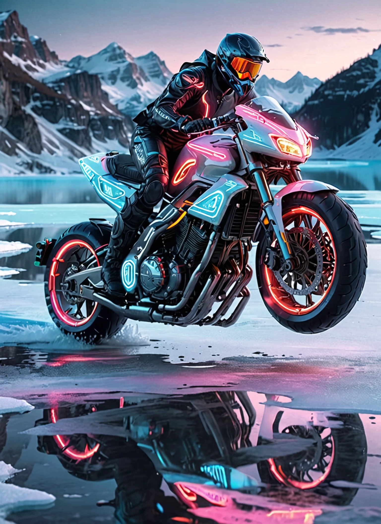 ftsbk motorbike neon, feeling of speed, reflection, full body view, Frozen Lakes background <lora:Futuristic Superbike XL:1>