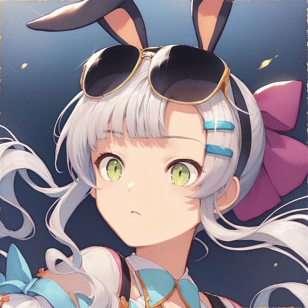 score_9, score_8_up, score_7_up,source_anime,1girl,upper body focus,Rosa(Otogi_Frontier),gray hair,dress,rabbit ear hairband,hair clip,sunglasses on head,green eyes,best quality:1.1,official art:1.3