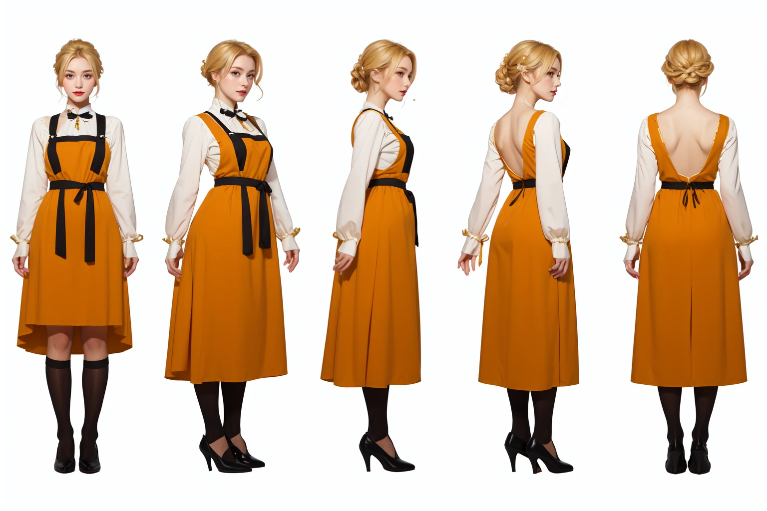 highres, masterpiece,
multi-view, turnaround, model sheet,  character design,
white background, simple background,
full body character turnaround of 1girl, Multiple views of the same character in the same outfit,
medieval,
blonde hair, braided bun, victorian dress, long sleeves, apron, maroon dress, white apron, button details, black shoes, historical attire, traditional clothing, adult, period costume, elegant dress, detailed illustration, classic style, full-length dress,
<lora:CharTurnRetag_v4:0.1>
<lora:Witcher3turn_v1:0.1>
<lora:Medieval2turn_v1:0.6>
<lora:bg3Turn_v1:0.1>