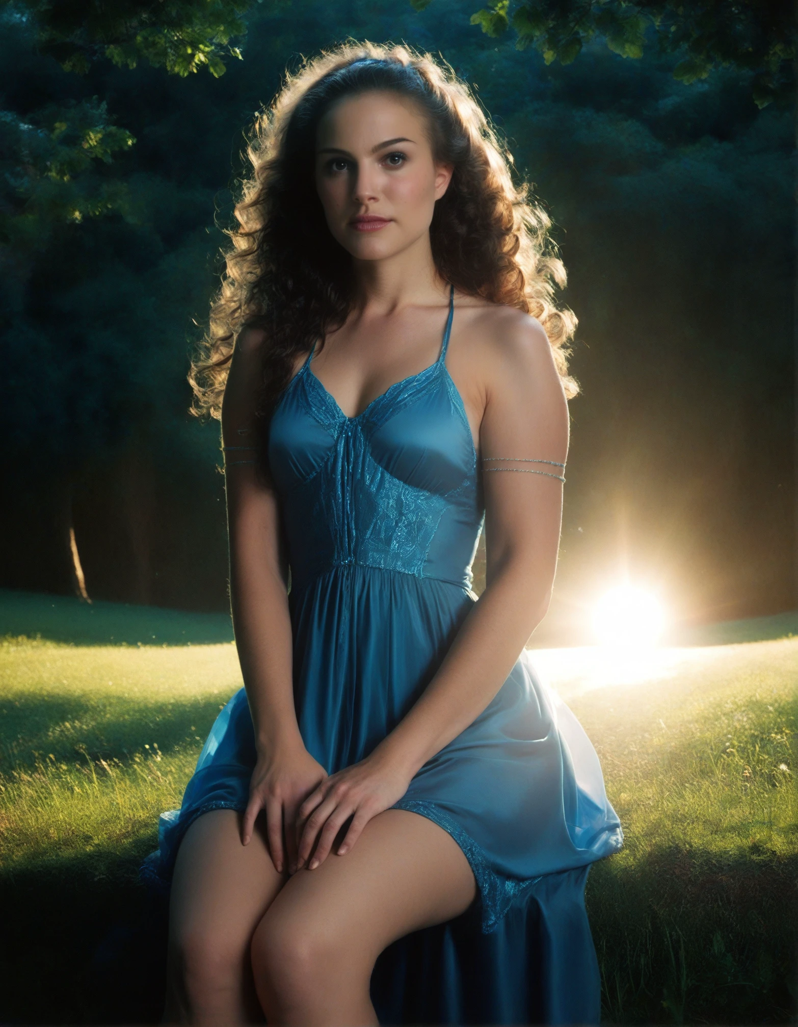 score_9, score_8_up, score_7_up,high resolution,photo,realistic,realistic skin,raw,p4dm, portrait, woman,long hair,wavy hair,blue dress,1girl,female,pov,looking at viewer,from below,volumetric lighting,rim lighting,dof,dramatic shadow,grass,close-up,sitting,sunlight