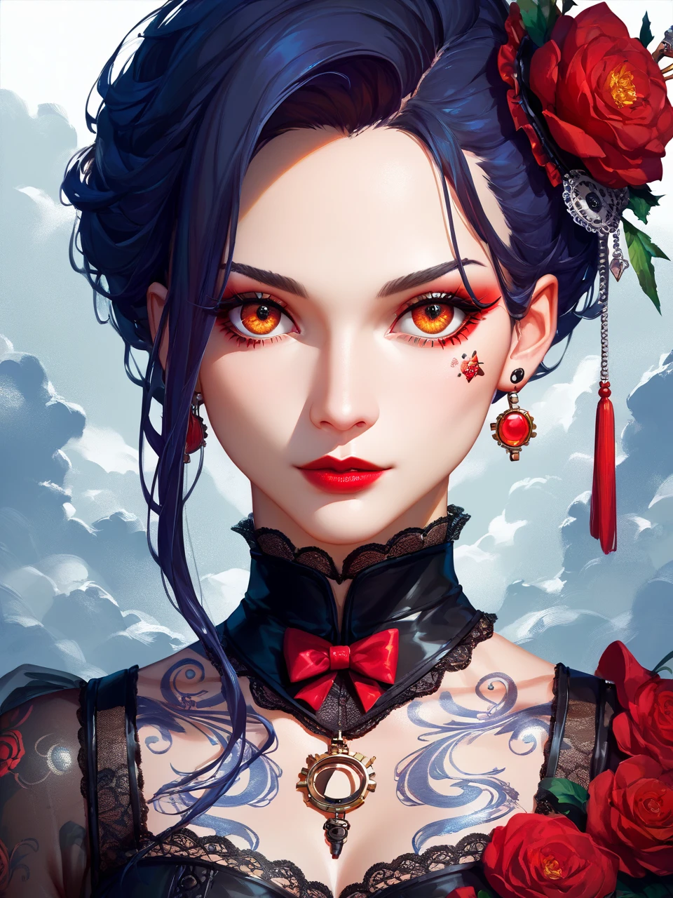 score_9,score_8_up,score_7_up,
a Chinese poster representing a woman in traditional costume,in the style of tattoo-inspired,gothic steampunk,uhd image,red and gray,intricate body-painting,dragoncore,made of all of the above,