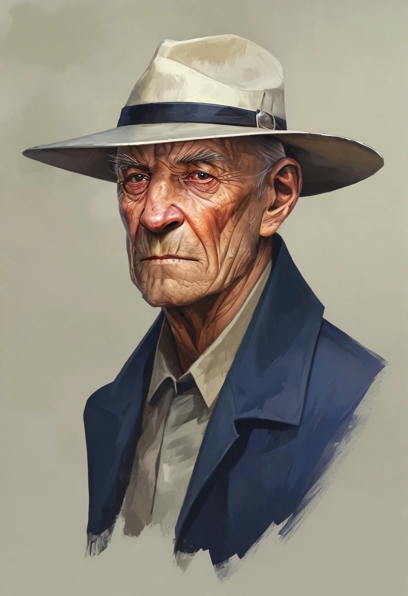 D_Hstyle, this is a digital painting of a elderly man with a wide brim cap