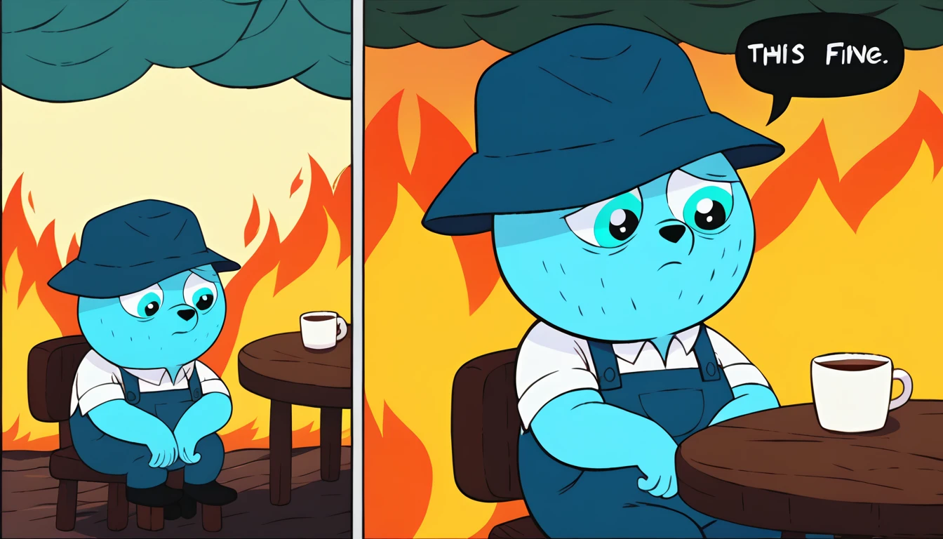score_9,score_8_up,<lora:celestin-v4-13:1>, uwcelestinfag, blue bear, 1boy, blue overalls,white shirt,short_sleeves,green hat, <lora:ThisIsFine_pdxl_Incrs_v1:0.8> 2koma, comic, fire, sitting, speech bubble, burning, table, chair, cup