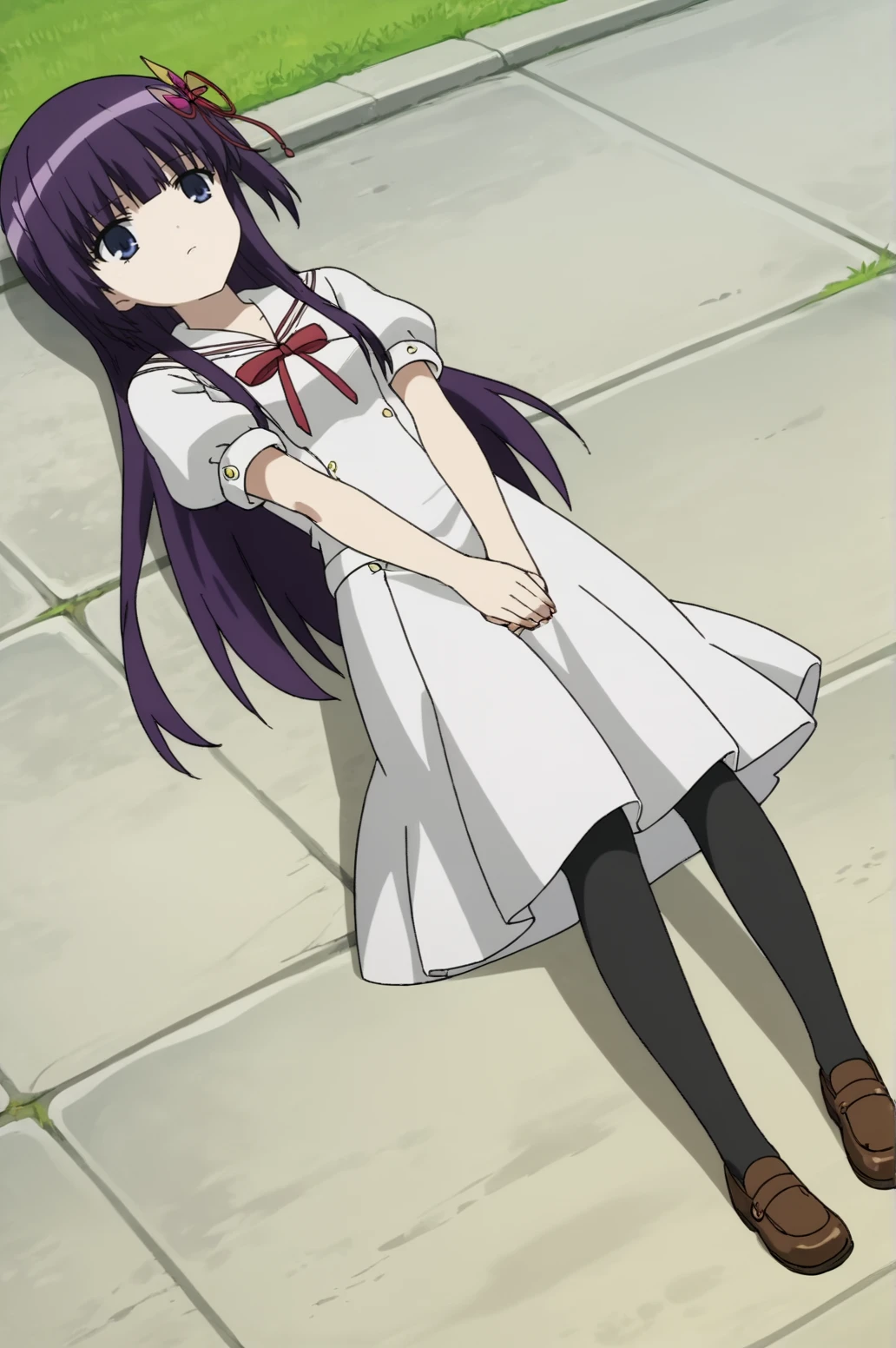 score_9, score_8_up, score_7_up,anime_source, source_anime, best background, detailed background, anime screencap, Nemuru, Ookami school outfit, outdoors, laying down, white dress, full body, dynamic angle, <lora:JN_ookami_kakushi:0.8>