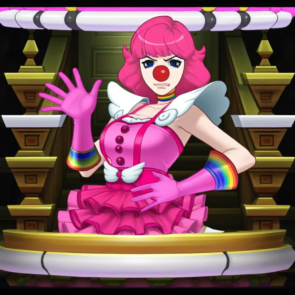 Pink frilled skirt, wing shoulder pads, big red clown_nose, pink sleeveless dress, long pink gloves, suspenders, long pink hair, pink heels, purple eyeshadow, gray eyes, geiru toneido