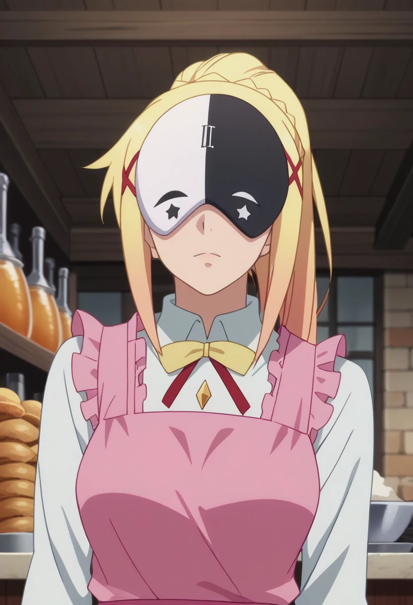 score_9, score_8_up, score_7_up, source_anime, rating_safe, darkness (konosuba), blonde_Darkness_ponytail, black-white_Vaniru_eye mask, white-black_Vaniru_no pupils eyes, white-black_Vanir_star (symbol), 1girl, anime screencap, pink_Vanir_frilled apron,