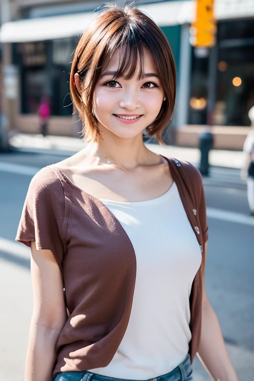 1girl, (masterpiece, RAW photo, best quality:1.4), (realistic, photo-realistic:1.4), an extremely delicate and beautiful girl, ultra-detailed, 8k wallpaper, highres, (young Japanese idol), finely detailed, beautiful face, extremely detailed eyes and face, beautiful detailed nose, perfect anatomy, (brown eyes), (smile:1.3), (short hair:1.4), (summer casual camisole:1.4), (upper body:1.2), (walking at city street:1.4), relaxed aura, gravure photo, looking at viewer, gravure, blurry background, <lora:koichimakoto_lora_05:0.9>