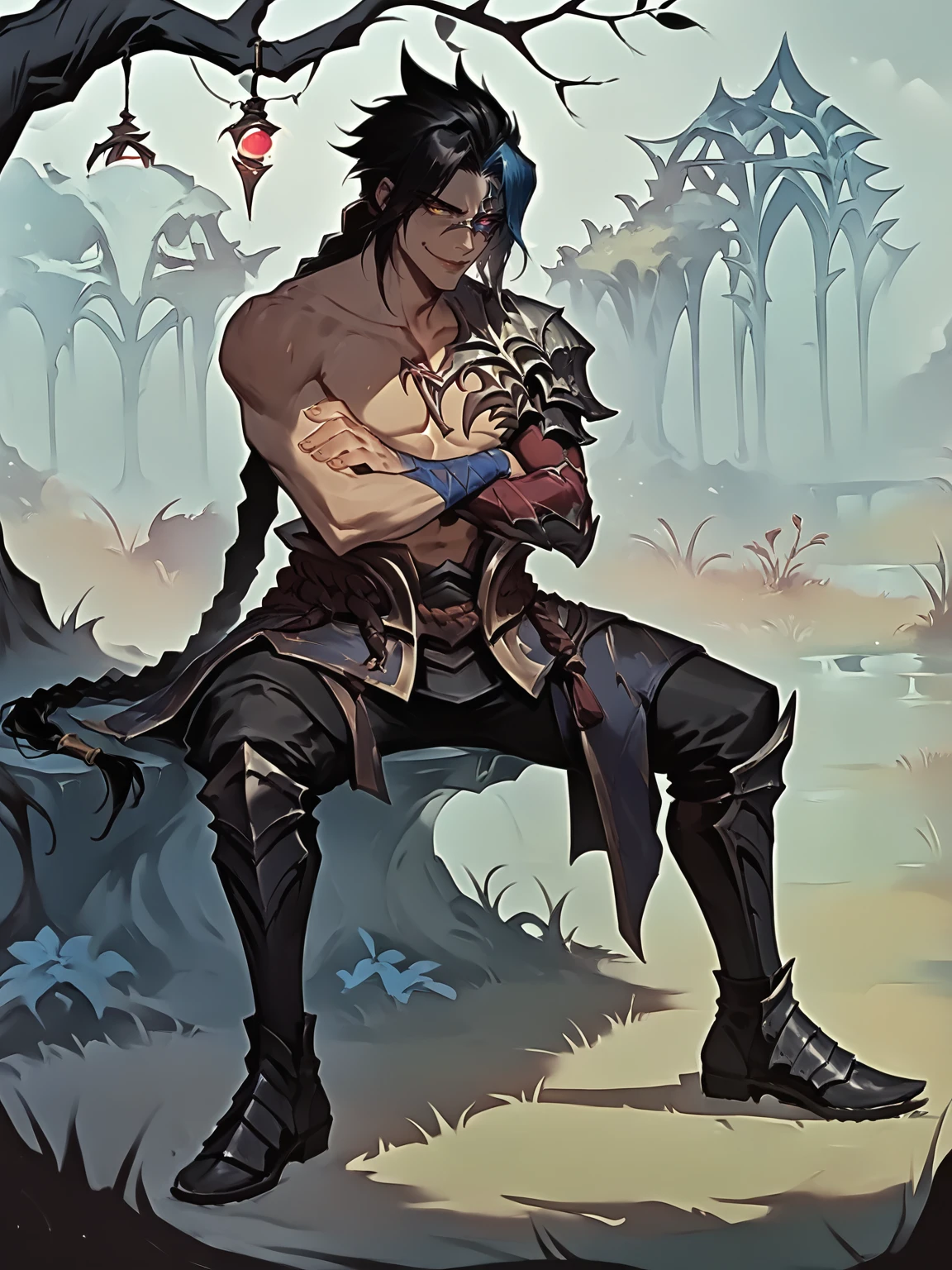 score_9, score_8_up, score_7_up, BREAK, KaynNormal, 1man, solo, long black hair, long braided ponytail, blue strand of hair, metalic mark on face with red eye, heterochromia, one pauldron, one red armored demonic hand, topless, abs, belt, pants, (armored boots), ((crossed hands on his chest)), full body shot, arrogant look, smug, sitting on dead tree, shadows, black background, midnight fantasy crypt, Concept Art, side view, looking away, <lora:KaynNormal:1> <lora:Concept Art Twilight Style SDXL_LoRA_Pony Diffusion V6 XL:1>
