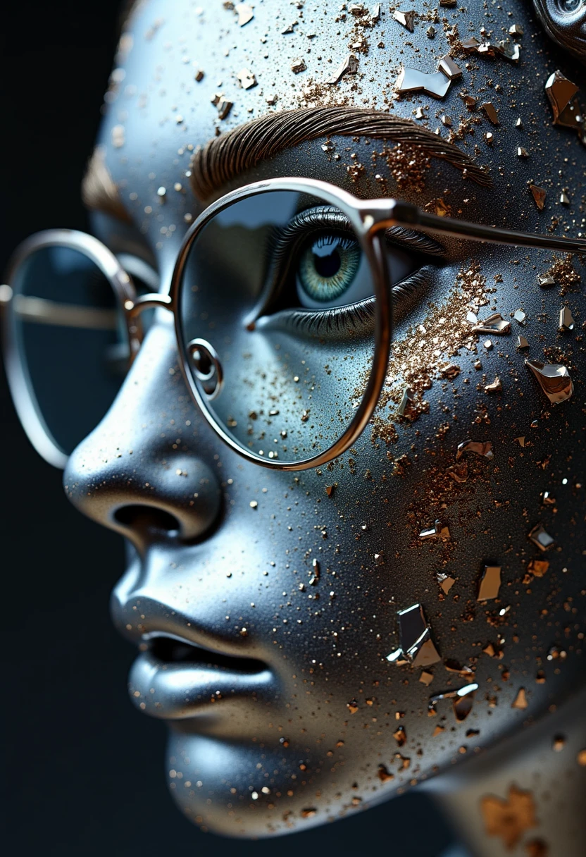 half chrome face with weird glasses,dust,fragments,sawdust,8k,F2.8,RAW Photo,ultra detailed
<lora:dvr-chrm-flux:1>
