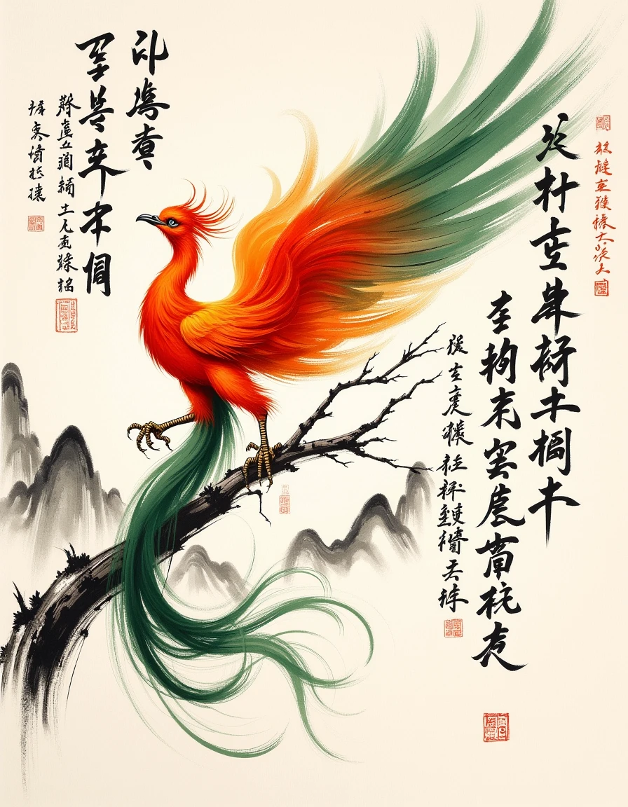 <lora:calligraphy_ink:1> monochrome Chinese text and smudged and faded ink brush style,  a orange red and green phoenix with large spread extravagant wings and long plumage in a faded smudged brush strokes calligraphy ink style, with mountains and trees and Chinese text in background