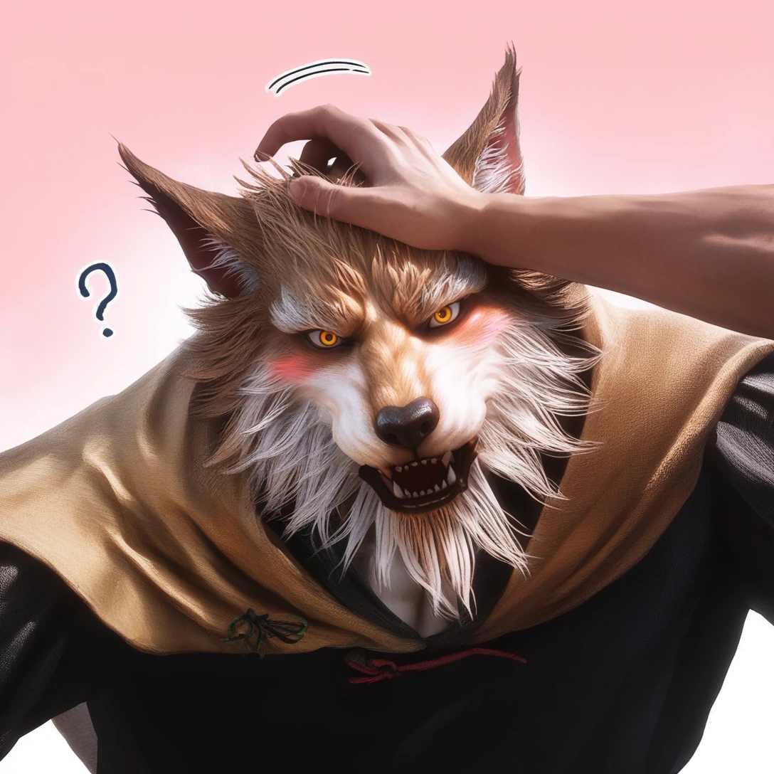 score_9, score_8_up, score_7_up, score_6_up, source_furry,
lls, wolf yaoguai, male, anthro, solo, white beard, tan capelet, chinese clothing, black topwear, petting head, petting pov, first person view,BREAK
lls, wolf yaoguai, male, anthro, solo, surprised expression, awkward, blush, yellow eyes, flash emanata, pink background, gradient background, bust portrait, humanoid hands, human, question mark,
<lora:BlackMythWolves_1.0.b:1>