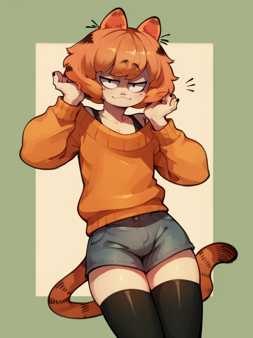 score_9, score_8_up, score_7_up, score_6_up, score_5_up,   <lora:garfieldXLP:1> garfield, animal ears, solo, 1boy, tail, sweater, orange hair, short hair, thighhighs, shorts