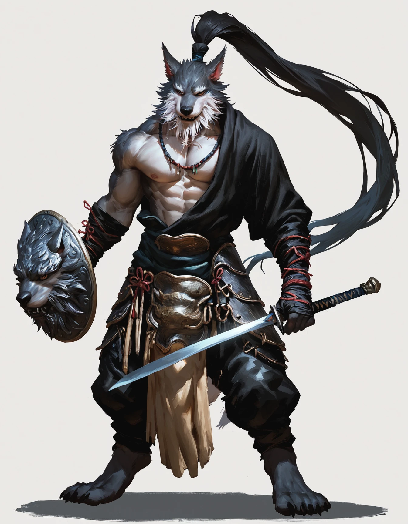 score_9, score_8_up, score_7_up, score_6_up, source_furry, lxw, wolf yaoguai, anthro, male, solo, beard, long ponytail, black topwear, chinese clothing, leather armor, unconvincing armor, arm wraps, necklace, loincloth, BREAK
lxw, wolf yaoguai, anthro, male, solo, chewing stick, pecs, half clothed, holding sword, holding shield, white background, standing, full-length portrait, pants,