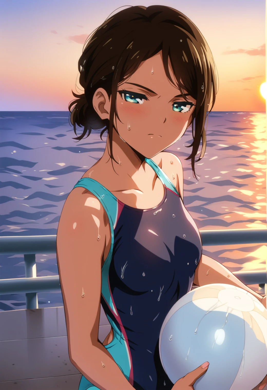 <lora:aonuma_neiru_ponyxl_lora_v1:1>, aonuma neiru, alternate hairstyle, wet hair, straight hair, messy hair, short hair,
one-piece swimsuit, competition swimsuit,
looking at viewer, half-closed eyes, annoyed, holding ball, beachball,
beach, ocean, dusk, sunset,
score_9, score_8_up, score_7_up, score_6_up, anime, (hara \(harayutaka\):0.5), (m-da s-tarou, asou \(asabu202\):0.5), high quality, detailed, beautiful, shiny, outstanding, countershading, detailed soft lighting