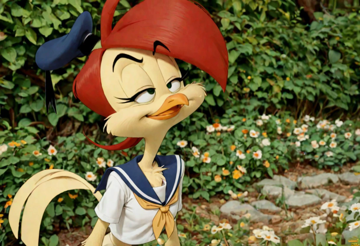 score_9, score_8_up, score_7_up, furry female, toony, 1girl, solo, hat, furry female, sailor bird, bird girl, red hair, tall, skinny, yellow body, sailor uniform, neckerchief, beak, face closeup, smug, half closed eyes, outdoors