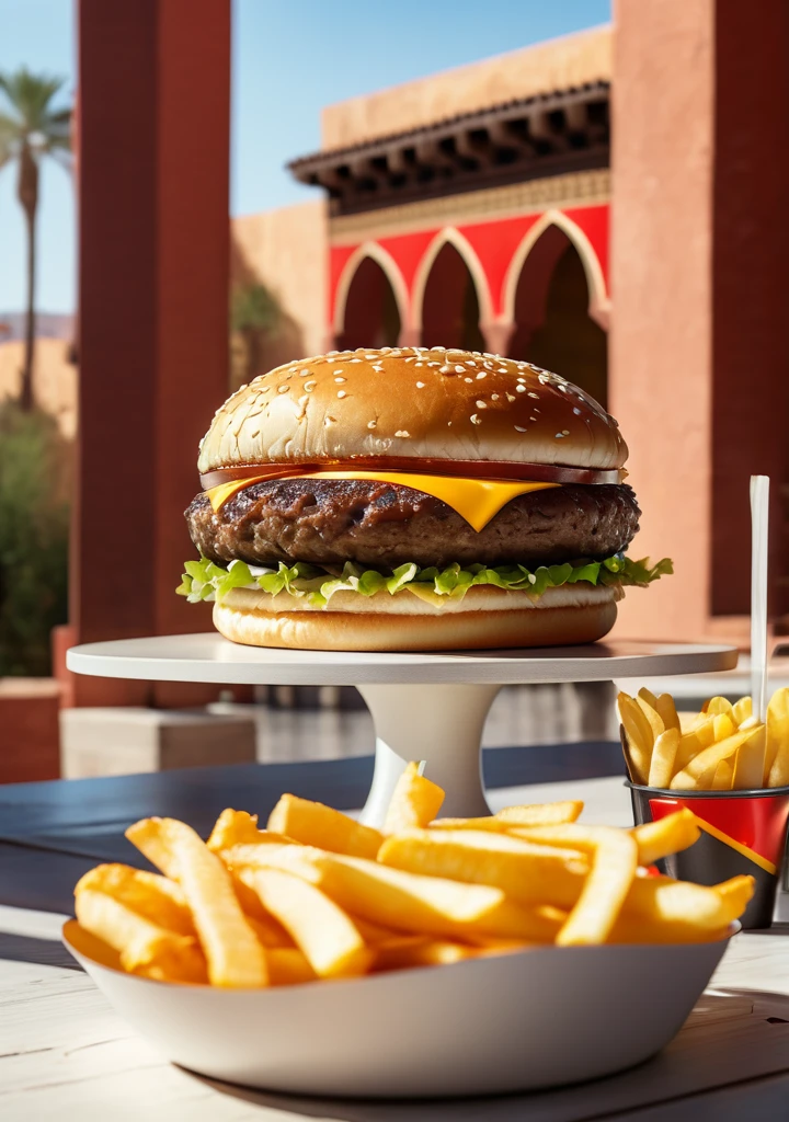 a photorealistic mcdonalds's burger on a table in foreground, we are in Morocco, summer daylight


















