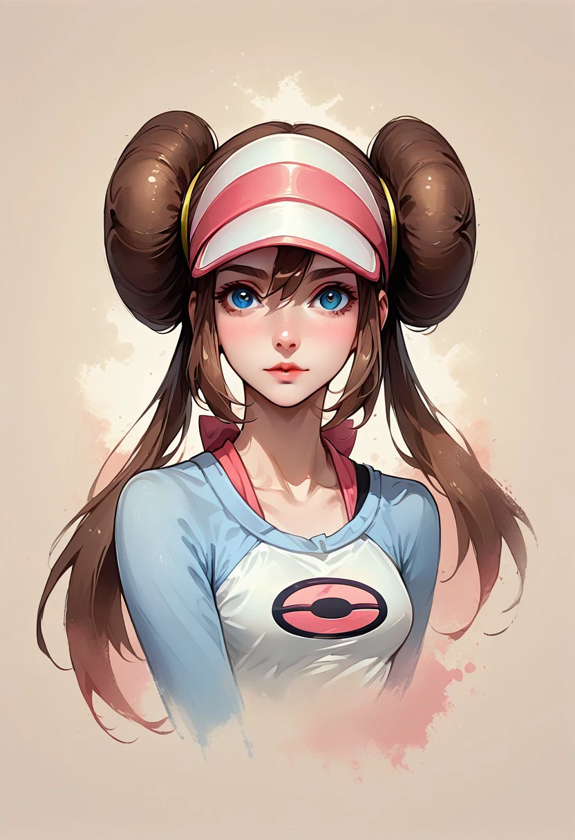 Faded Headshot, faded bottom, faded edges ,score_9,score_8_up,score_7_up,score_6_up,score_5_up,
1girl, Rosa, \(Pokemon\),(ultra HD quality details), brown hair, very long hair, bangs, hair between eyes, twintails, hair bun, double bun, doughnut hair bun, blue eyes, visor cap, wristwatch on one arm,
shirt, raglan sleeves, long sleeves, blue sleeves, pink bow, skirt, pantyhose, black pantyhose, pantyhose under shorts,  frilly flared shorts, mustard yellow shorts, shoes, 
beautiful, centered, looking at the camera, approaching perfection, dynamic, moonlight, highly detailed, watercolor painting, artstation, concept art, smooth, sharp focus, illustration, 
small breasts, deep cleavage, upper body, portrait,