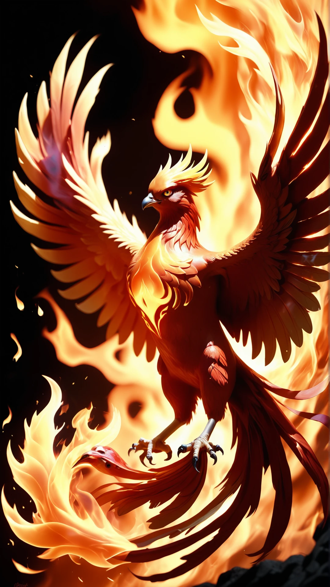 a phoenix surrounded by flames, graceful and majestic, the fire blazes in his eyes, he is sweet and determined, reij-clrfl <lora:reij-colorfulartstyleSDXL-000006:0.9>