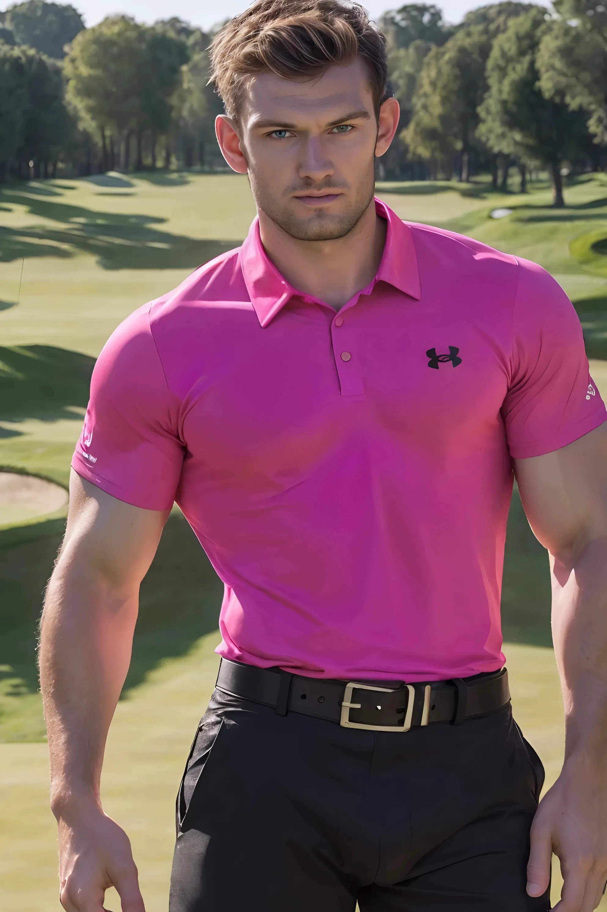 Alex Pettyfer, ((wearing a tight (pink) under armour golf polo shirt:1.2)), (shirt sleeves tight around his biceps:1.3), ((wearing tight black shorts with black belt with a silver buckle:1.2)), black shorts+++, ((bulge in shorts++)), standing on golf course, (golf course background:1.3), male focus, ((upper body image:1.2)), dramatic lighting, defined toned body, looking at the viewer, blue eyes, short brown hair, confident, wide angle,